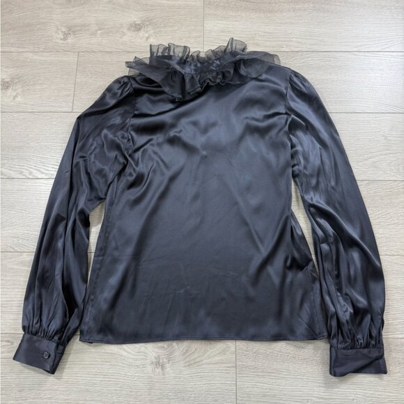 Armani Collezioni Gunmetal Gray Silk Ruffled V-Neck Blouse - Picture 3 of 11